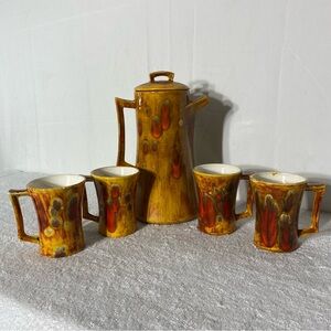 Vintage MCM Tan Brown Orange Glaze Pottery Coffee Or Tea Set 4 Mugs & Pot W Lid